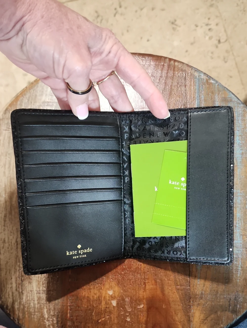 Kate Spade Black Leather Travel Card Passport Holder Sparkle NWT